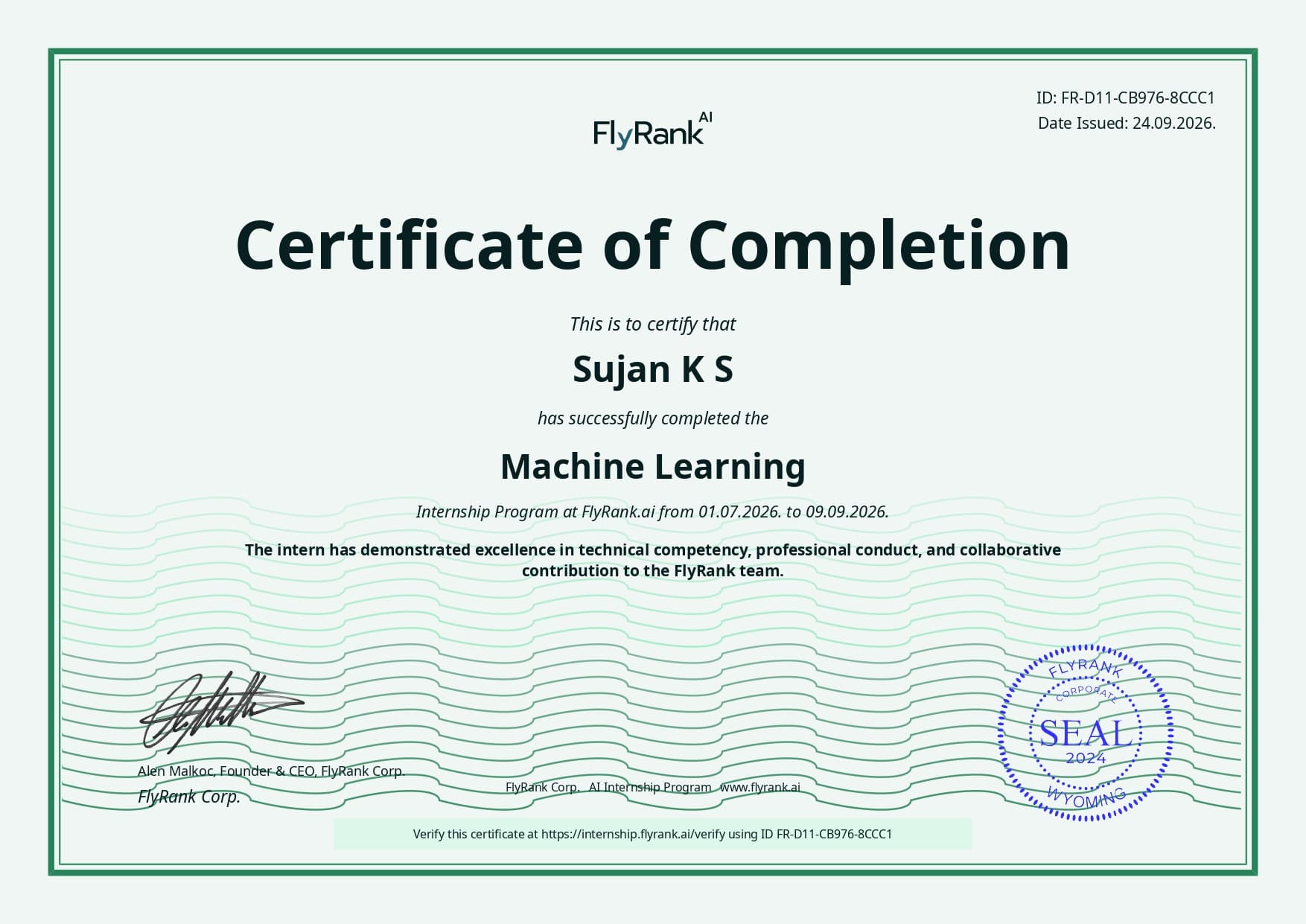 FlyRank Machine Learning Internship Certificate