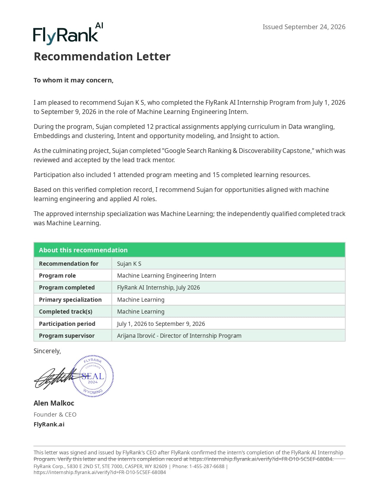 FlyRank Letter of Recommendation